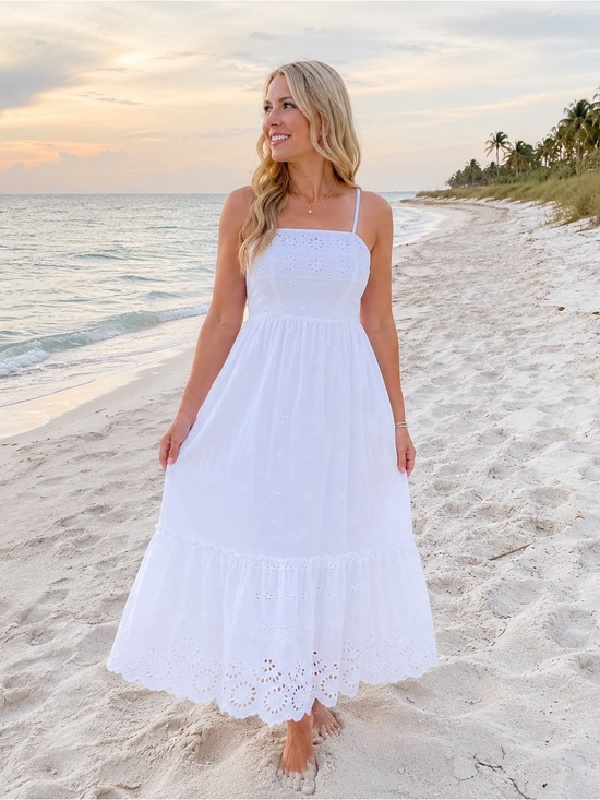 Japna Dresses & Skirts - Japna White Eyelet Maxi Dress with Spaghetti Straps-100% Cotton